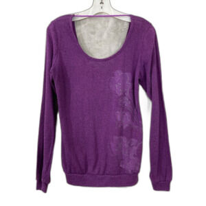 REI Terry Cloth Top women’s M Purple Stencil Flowers Deep Scoop Neck & Back